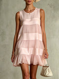 Záhybová Ránkovaná Chiffon Mini Šaty Světle Růžová Patchwork