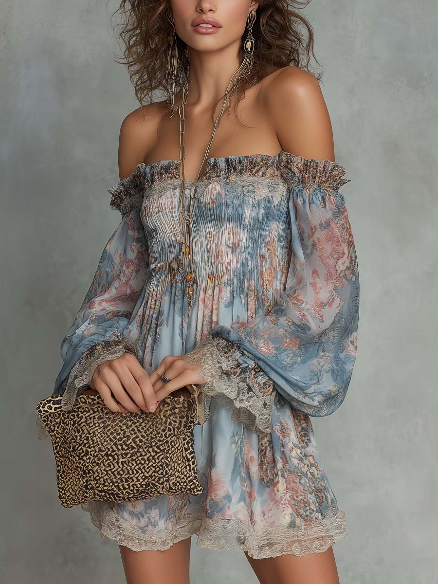 Mini Chiffon Ruchovaná Šaty s Volnými Ramínky a Romantickými Květinami