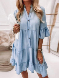 Jednobarevné, Washed Denim Midi Šaty s Krátkým Rukávem