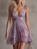 Chiffon Růžová Mini Šaty Fialové Retro