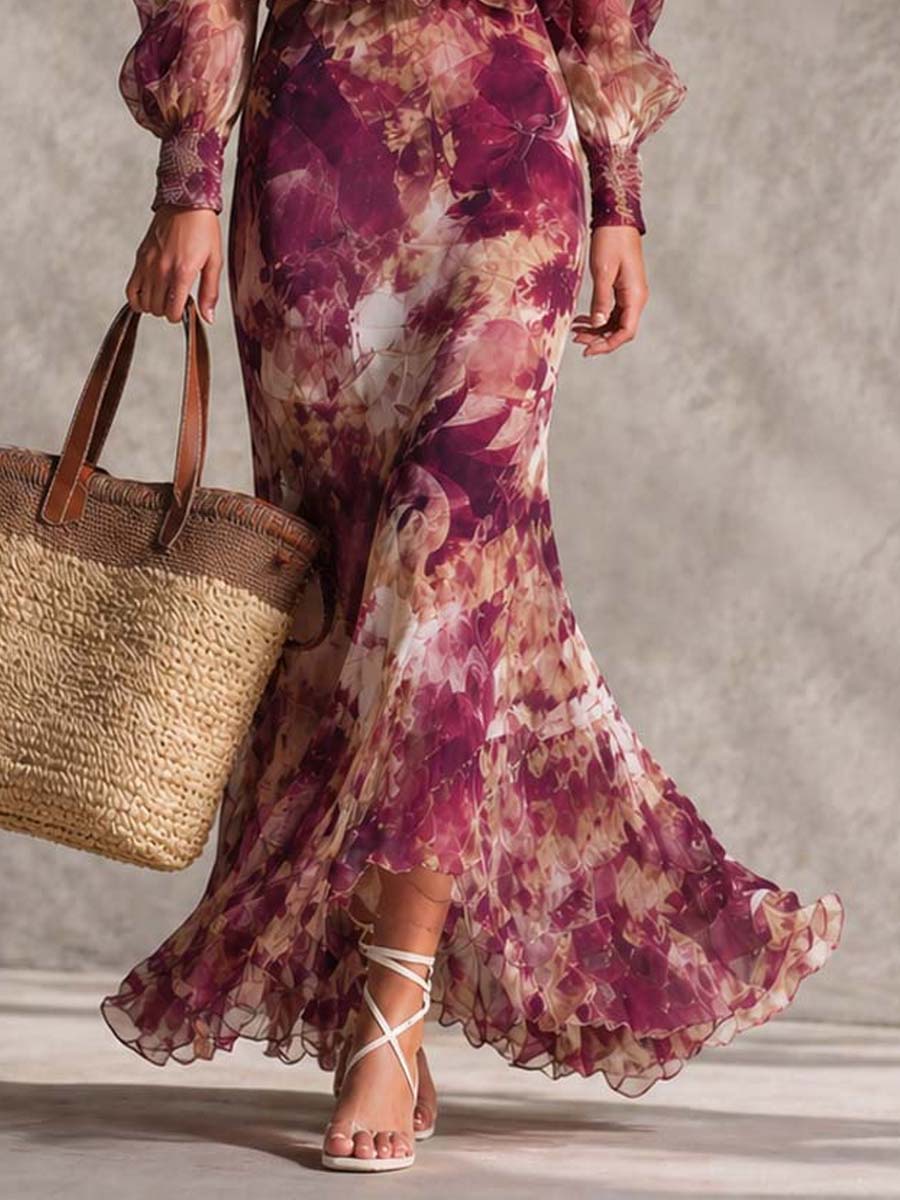 Růžová Chiffon Maxi Šaty s Květinami, Bez Ramínek