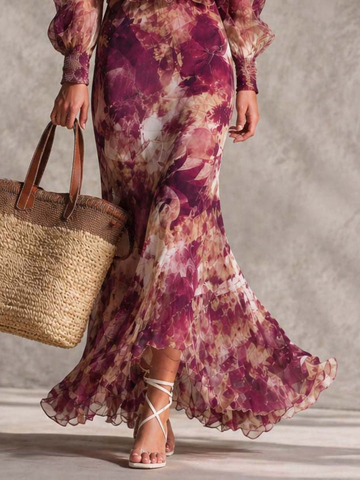 Růžová Chiffon Maxi Šaty s Květinami, Bez Ramínek