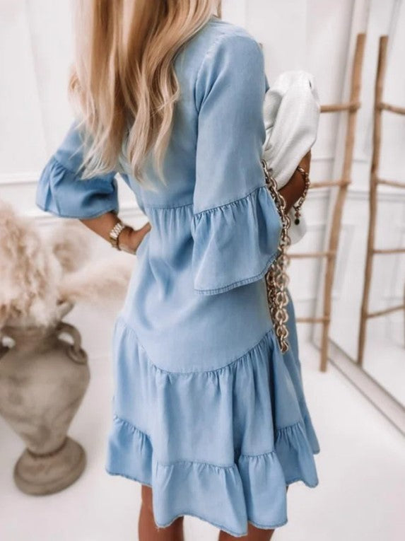 Jednobarevné, Washed Denim Midi Šaty s Krátkým Rukávem