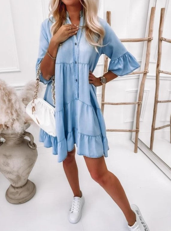 Jednobarevné, Washed Denim Midi Šaty s Krátkým Rukávem