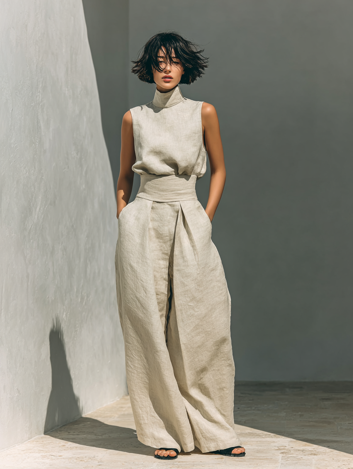 Maria™ | Kompletní set bez rukávů s širokými kalhotami z bavlny a lnu