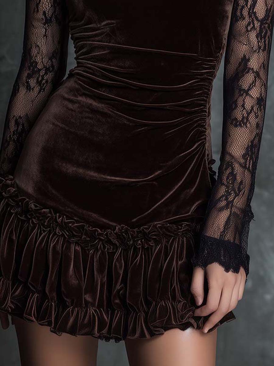 Čokoládové goth mini plissé šaty s krajkou