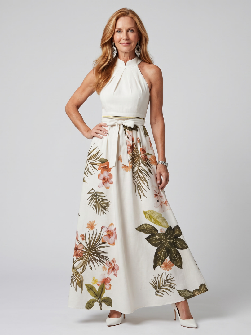 Mezní | Draped Halter Botanický Panel Maxi Šaty
