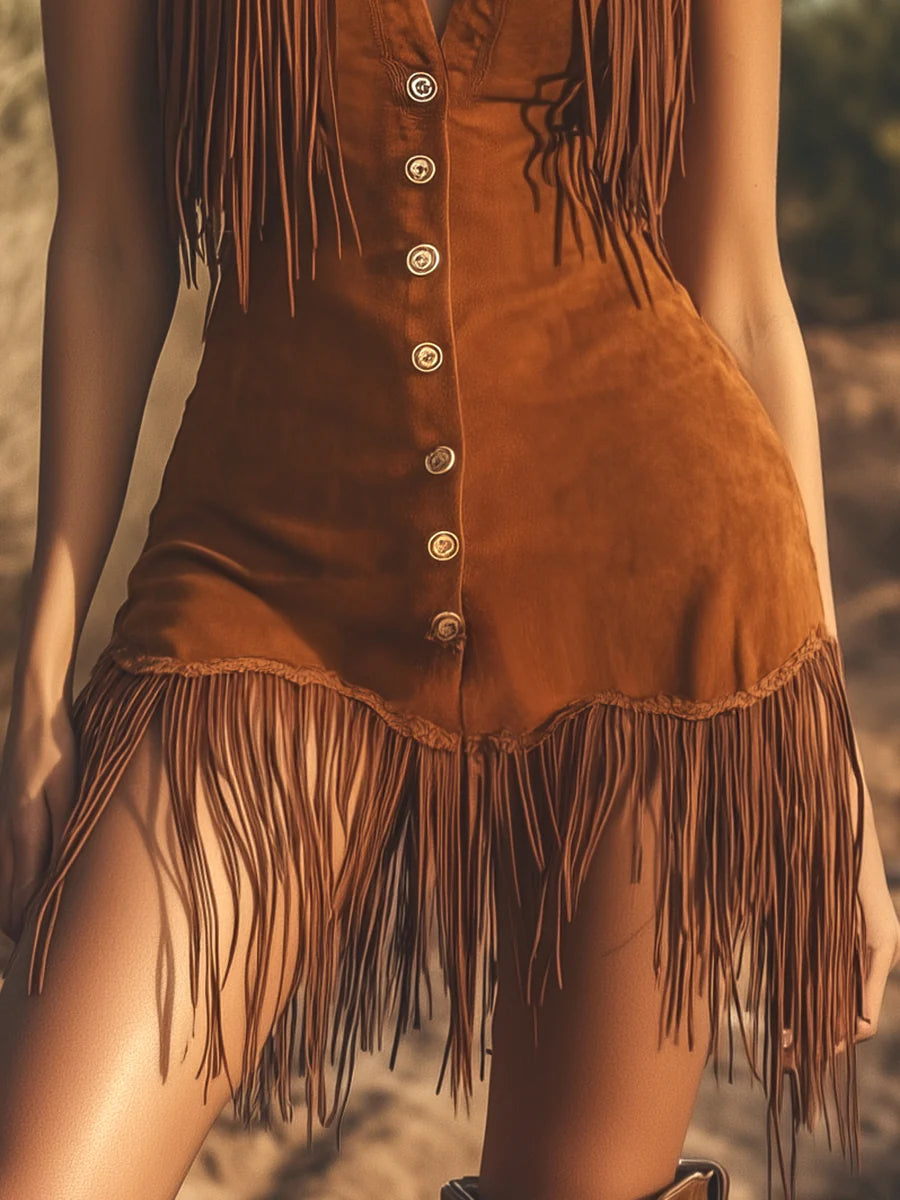 Hnědé Suede Mini Šaty Bez Rukávů s Volánky