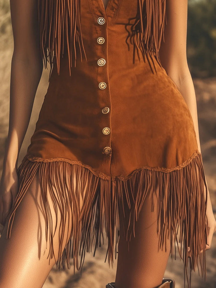 Hnědé Suede Mini Šaty Bez Rukávů s Volánky