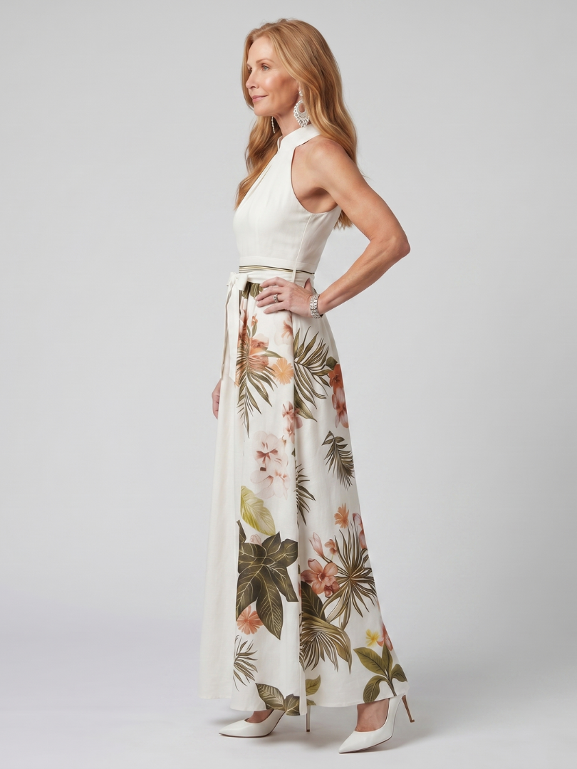 Mezní | Draped Halter Botanický Panel Maxi Šaty