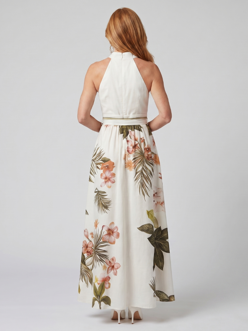 Mezní | Draped Halter Botanický Panel Maxi Šaty