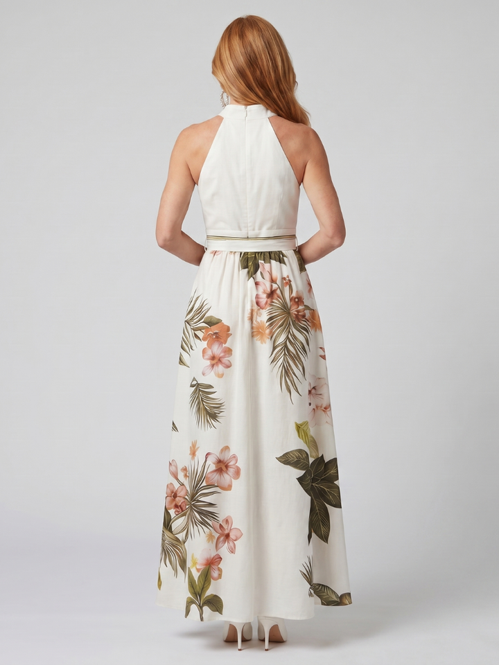 Mezní | Draped Halter Botanický Panel Maxi Šaty