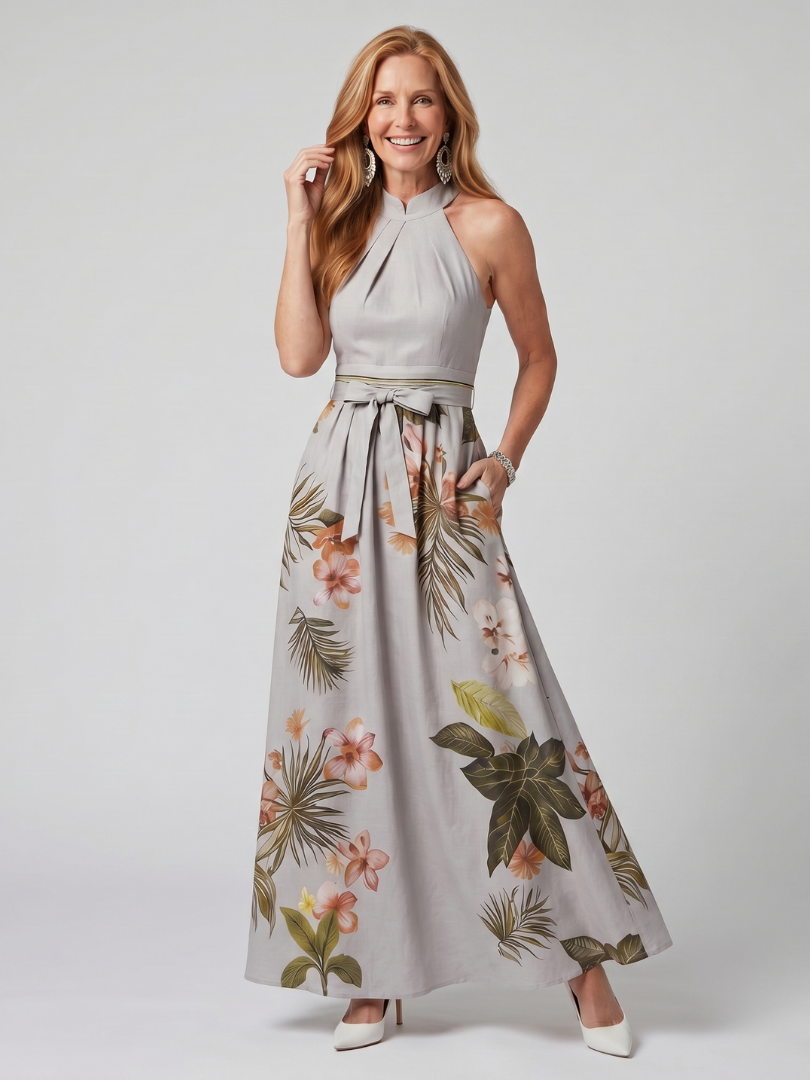 Mezní | Draped Halter Botanický Panel Maxi Šaty