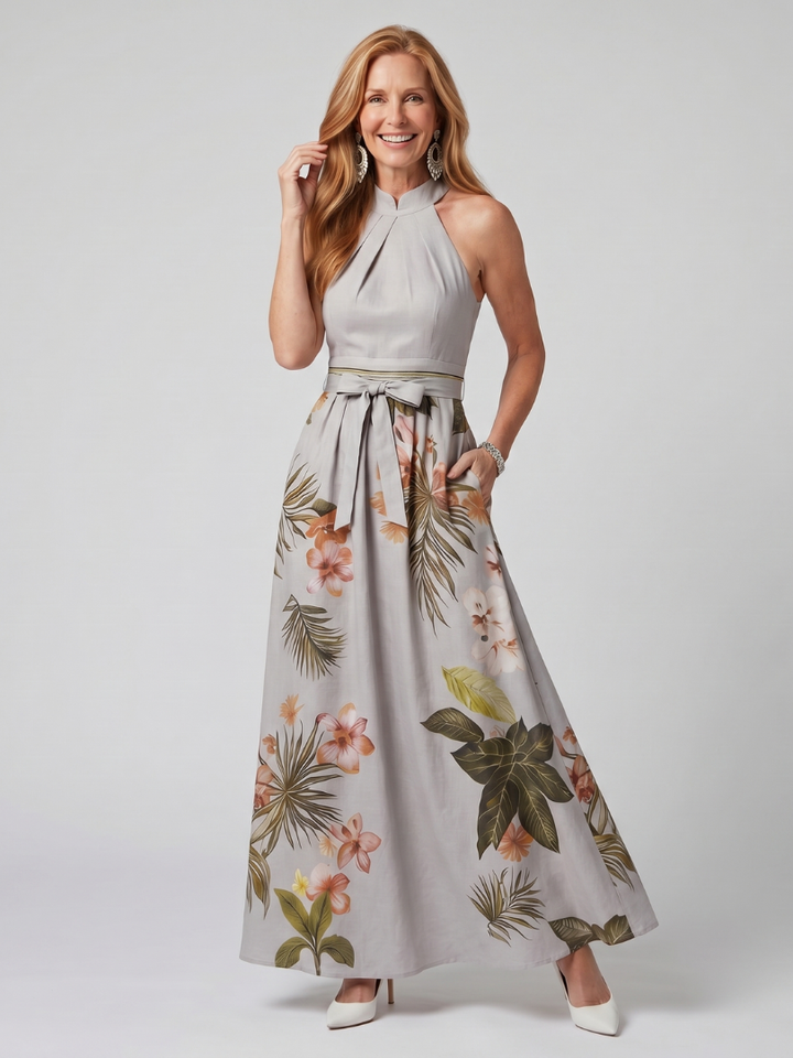 Mezní | Draped Halter Botanický Panel Maxi Šaty