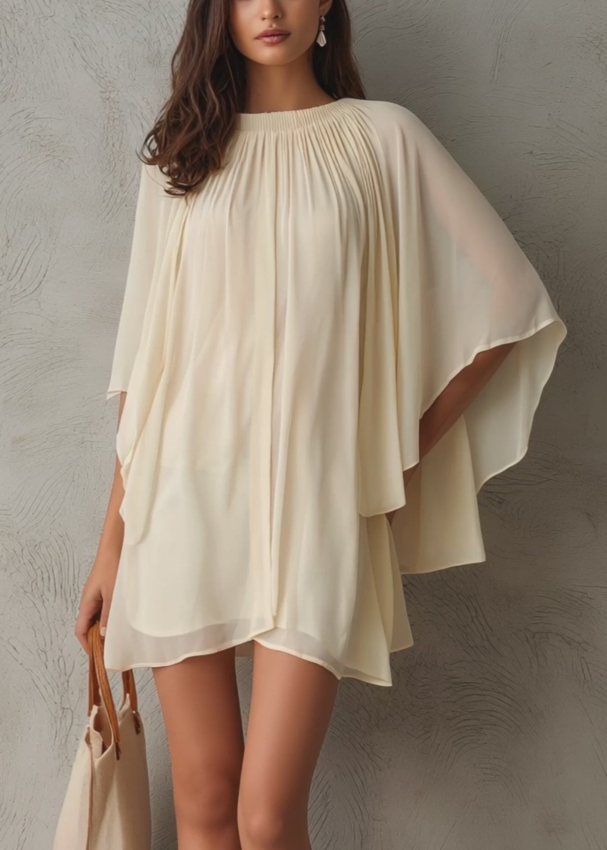 Beige Chiffon Mini Šaty s Kapucí a Rukávy pro Ženy