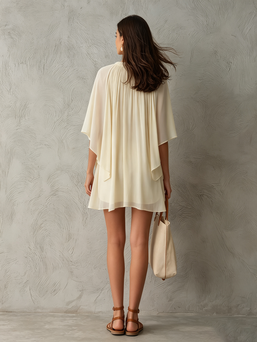 Beige Chiffon Mini Šaty s Kapucí a Rukávy pro Ženy