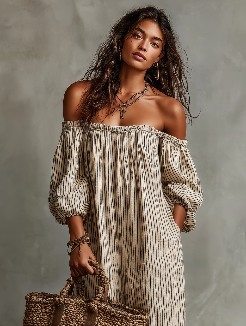 Carmen | Dlouhá bavlněná a lněná šaty s off-the-shoulder designem
