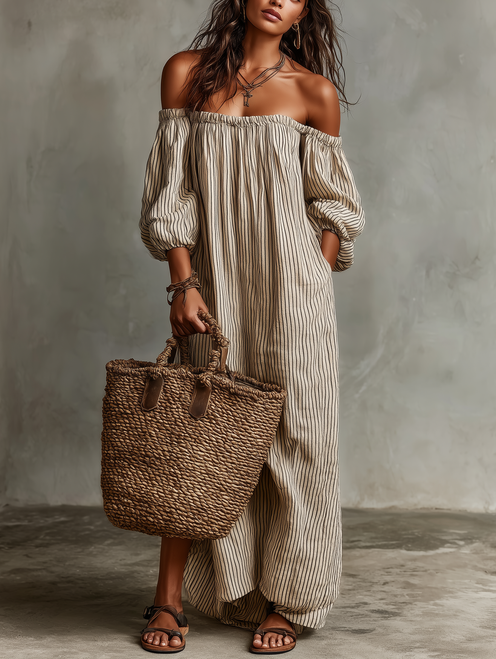 Carmen | Dlouhá bavlněná a lněná šaty s off-the-shoulder designem