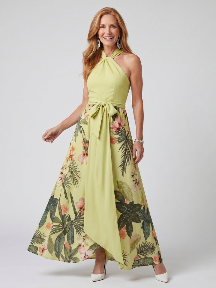 Mezní | Draped Halter Botanický Panel Maxi Šaty