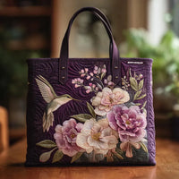 Ručně vyráběná fialová taška s podšívkou s kolibříkem a orchidejí