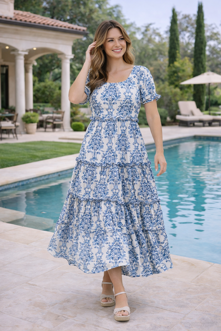 Klara – Chic Boho Maxi Šaty s Límcem