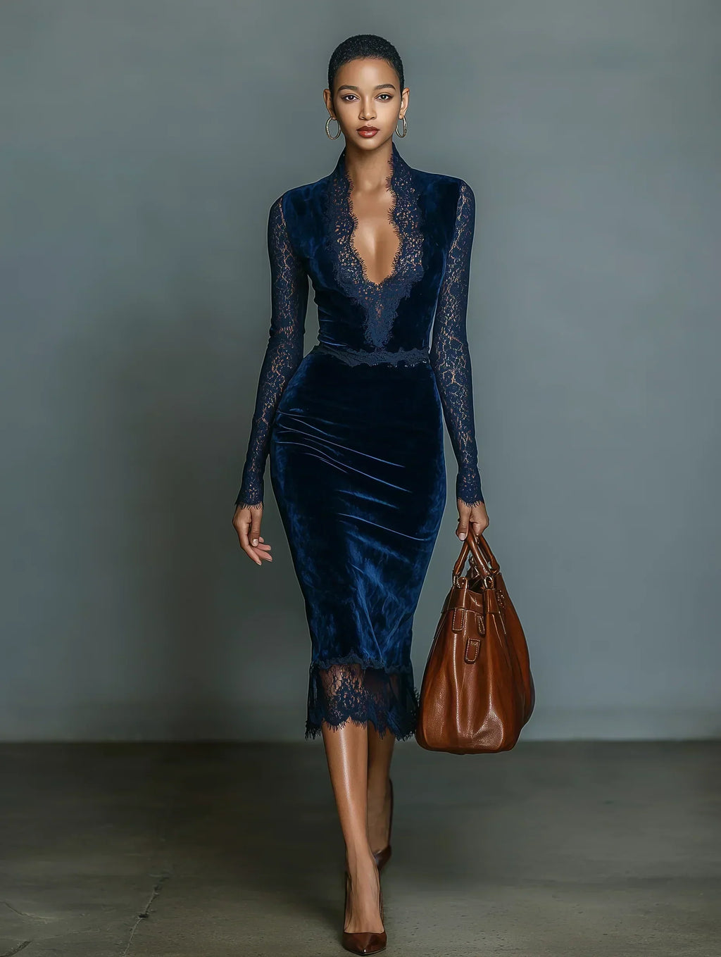 Sametová midi šaty s V-výstřihem a krajkou - Elegantní dámské šaty