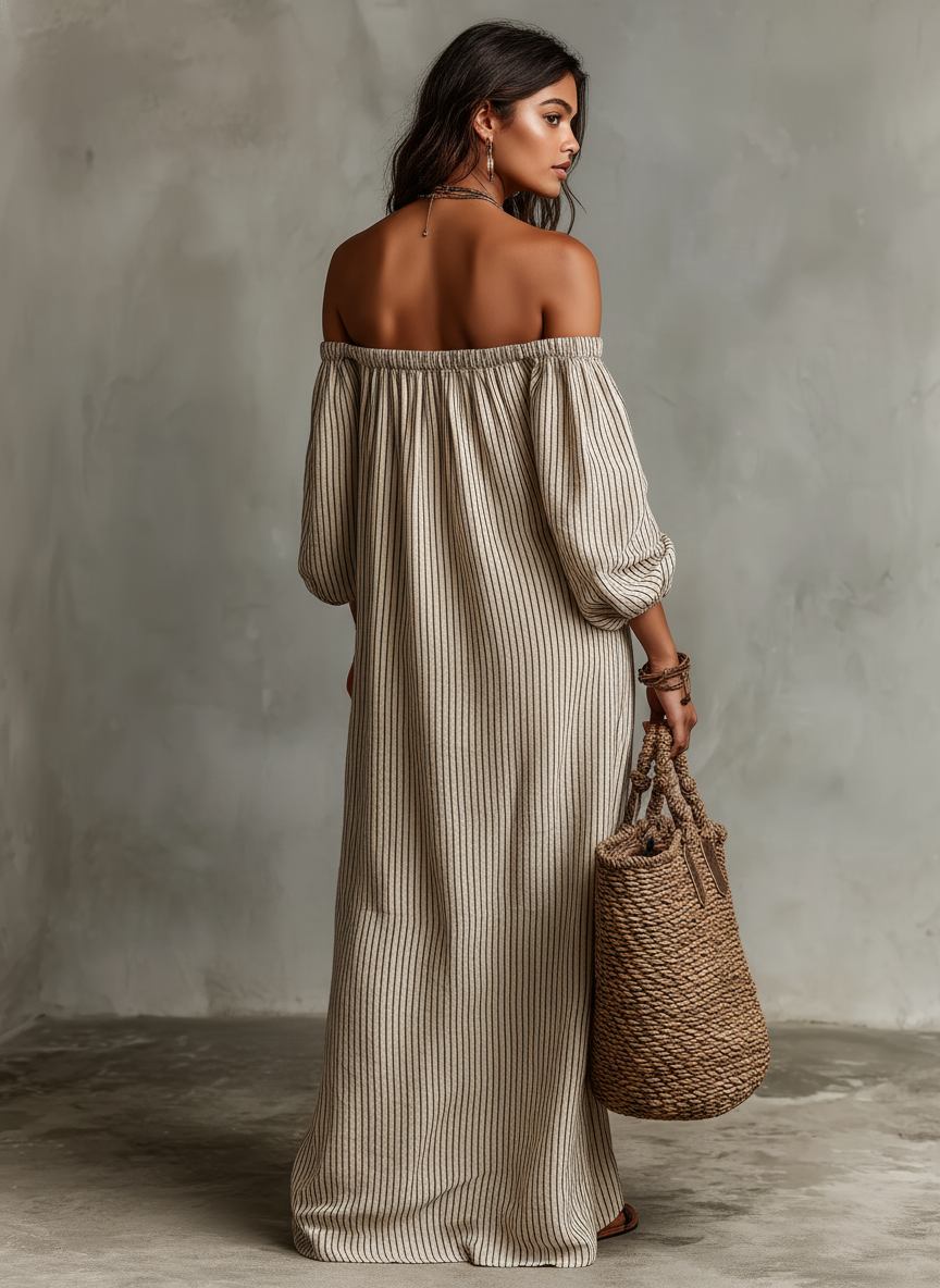 Carmen | Dlouhá bavlněná a lněná šaty s off-the-shoulder designem