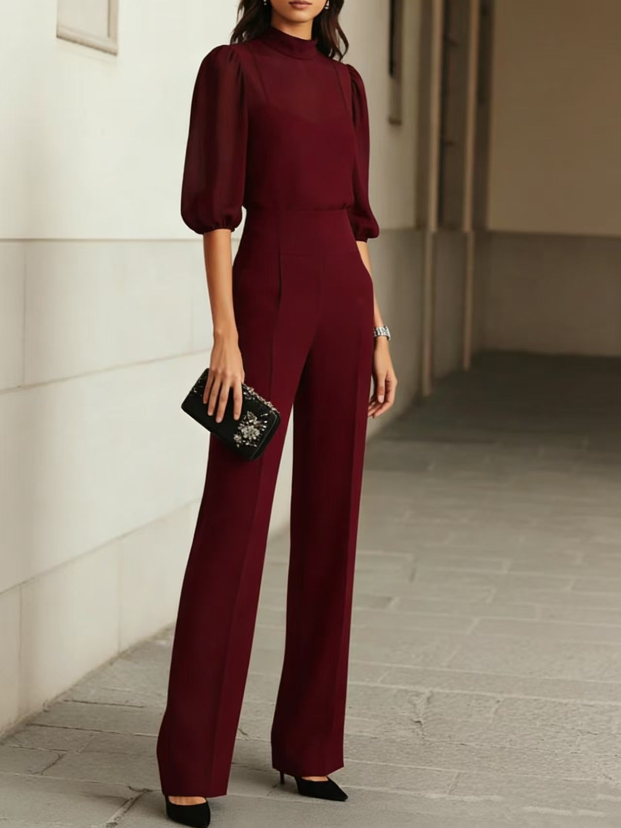 Emma | Elegantní průhledný top a široké kalhoty – 3dílná souprava