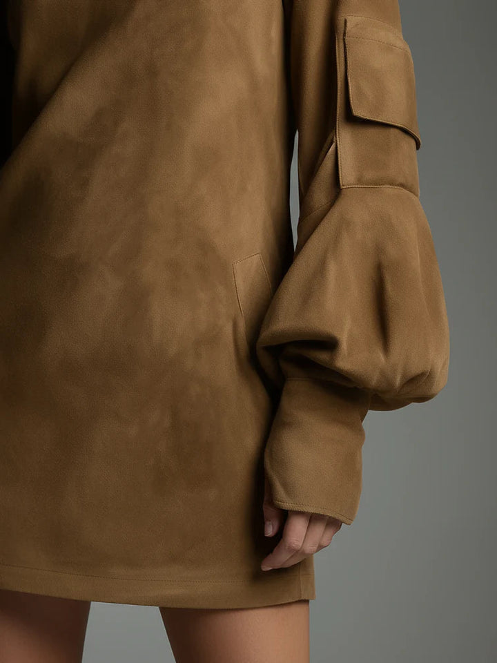 Vintage Suede Mini Šaty s Vysokým Límcem