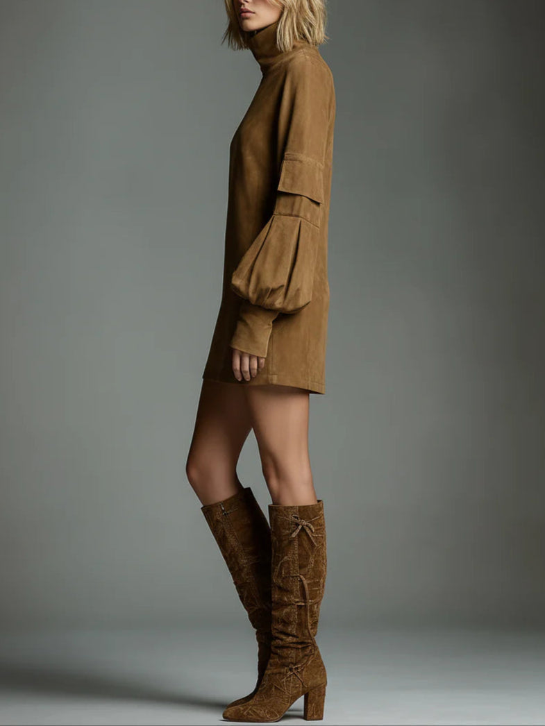 Vintage Suede Mini Šaty s Vysokým Límcem