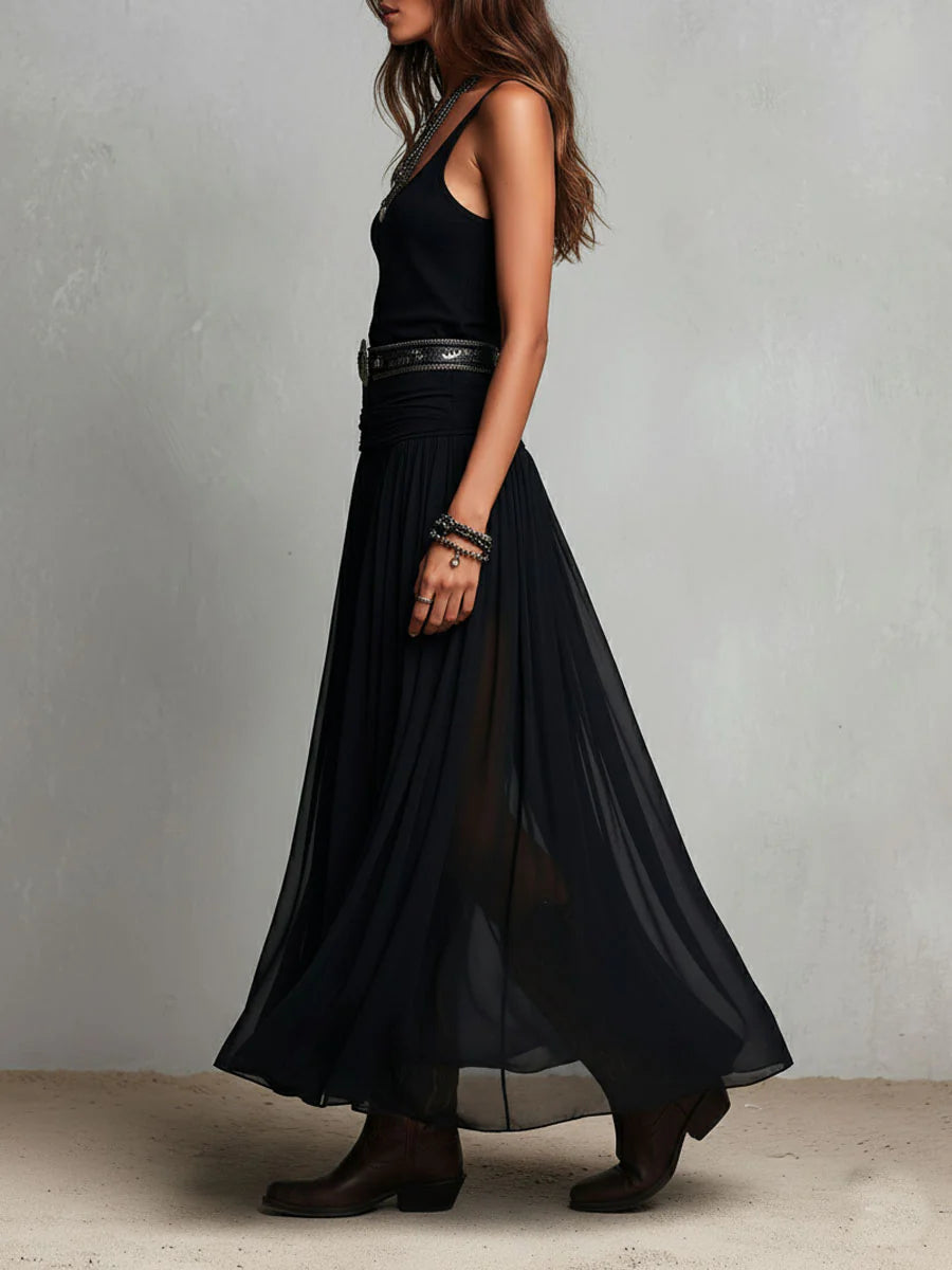 Černý top bez rukávů s maxi tylovou sukní (s páskem)