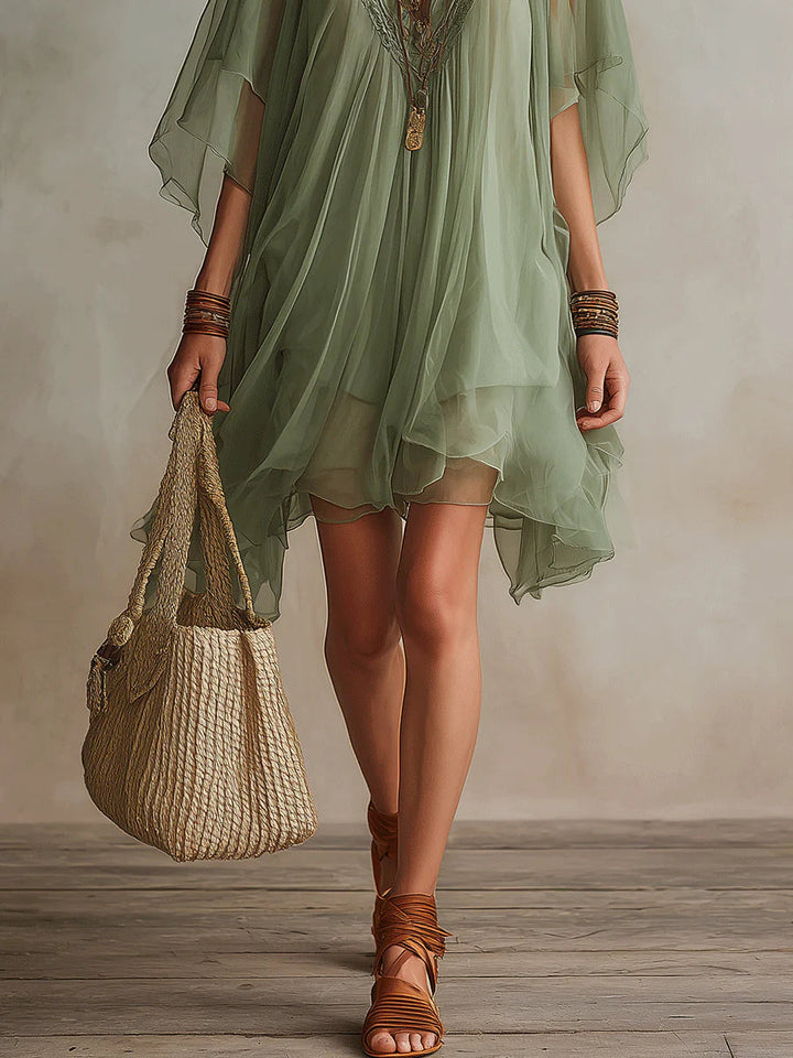 Zelené Chiffon Mini Plovoucí Šaty s Výstřihem do V