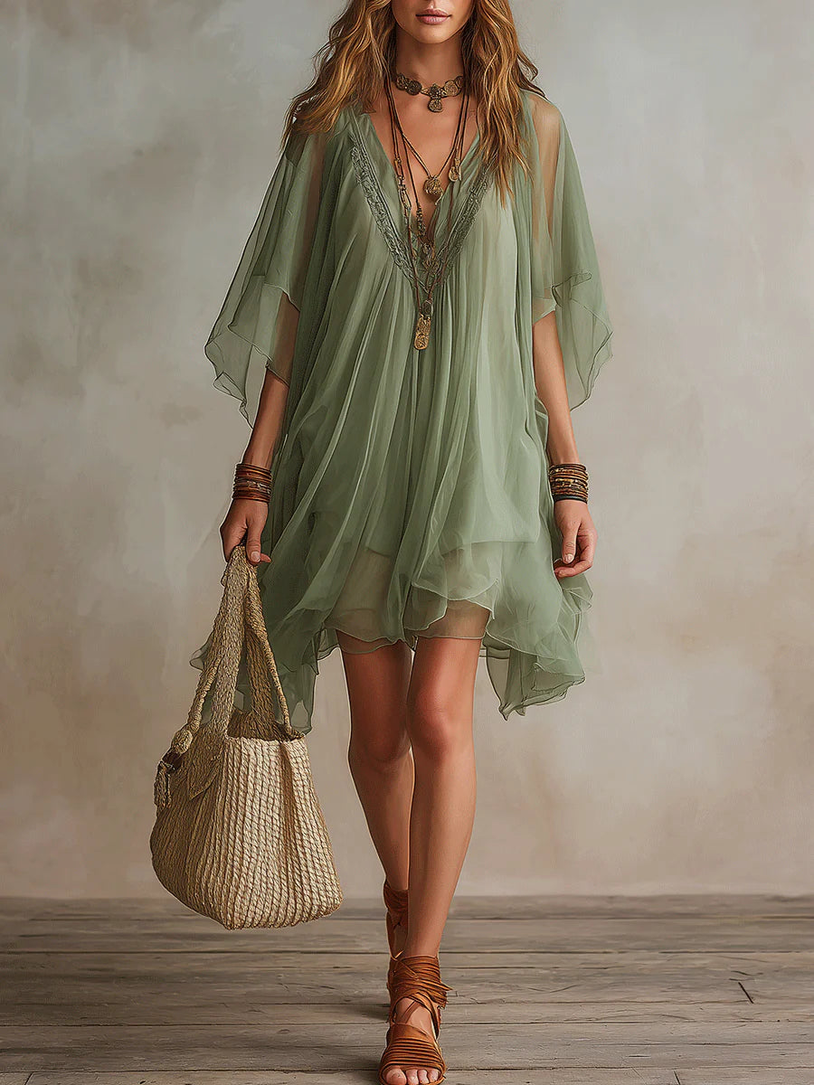 Zelené Chiffon Mini Plovoucí Šaty s Výstřihem do V