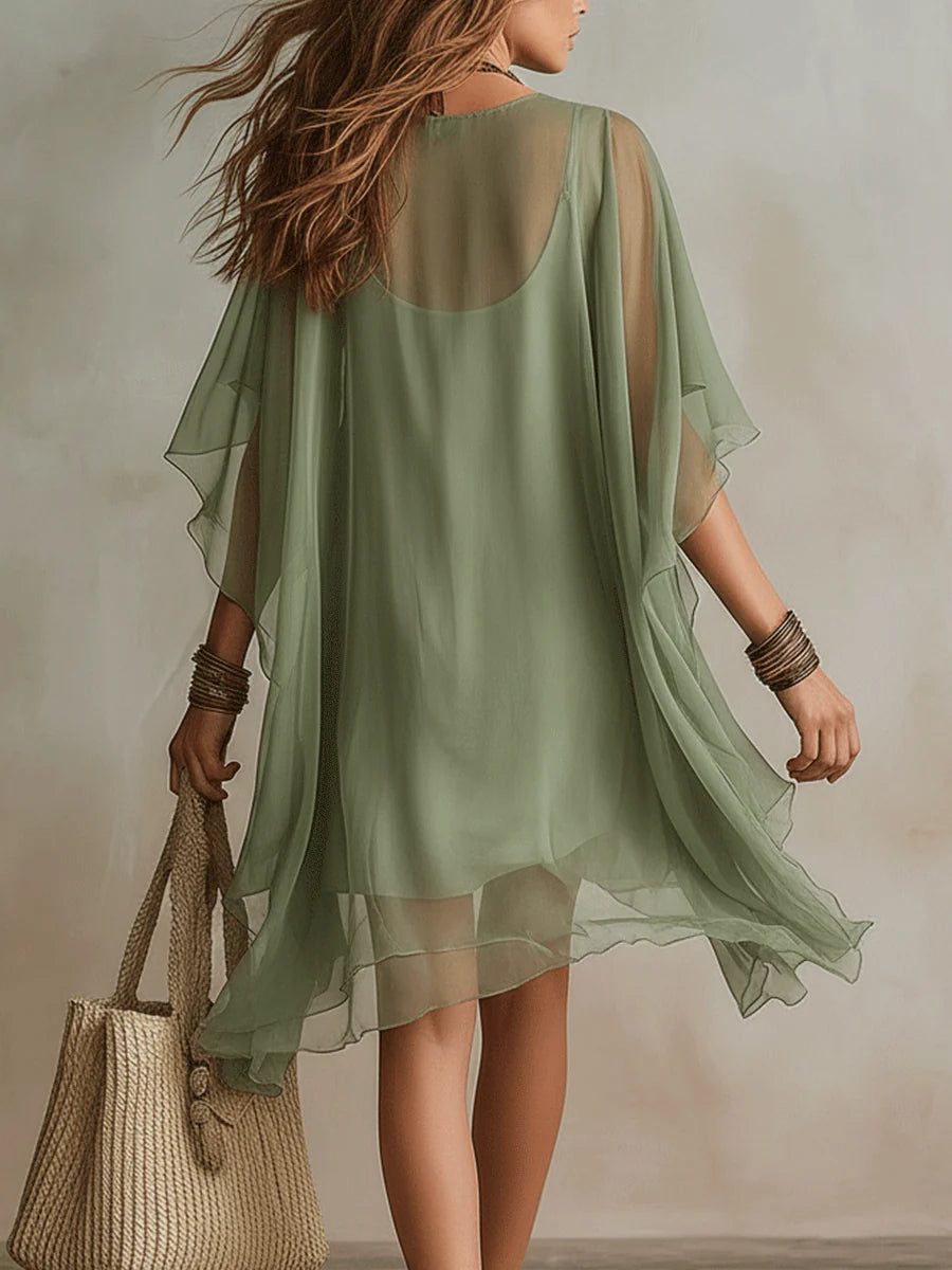 Zelené Chiffon Mini Plovoucí Šaty s Výstřihem do V