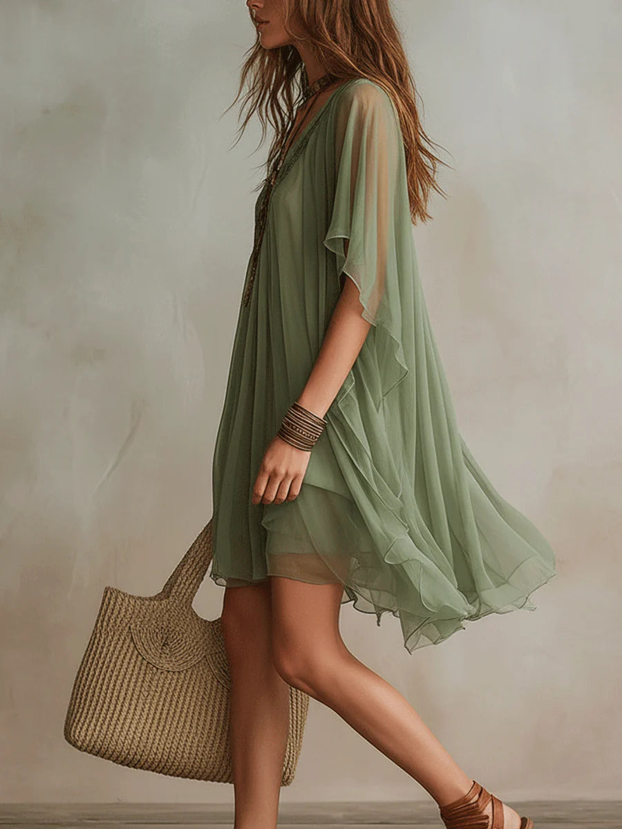 Zelená Chiffon Mini Folyóruha S Výstřihem