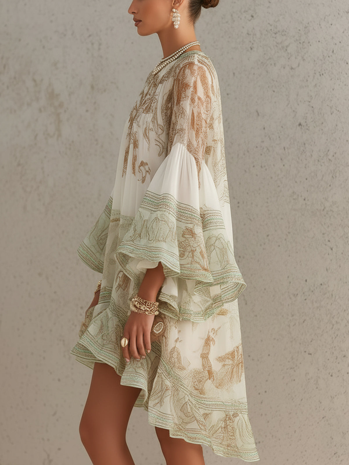 Zelené Chiffon Mini Šaty s Růžovými Rukávy