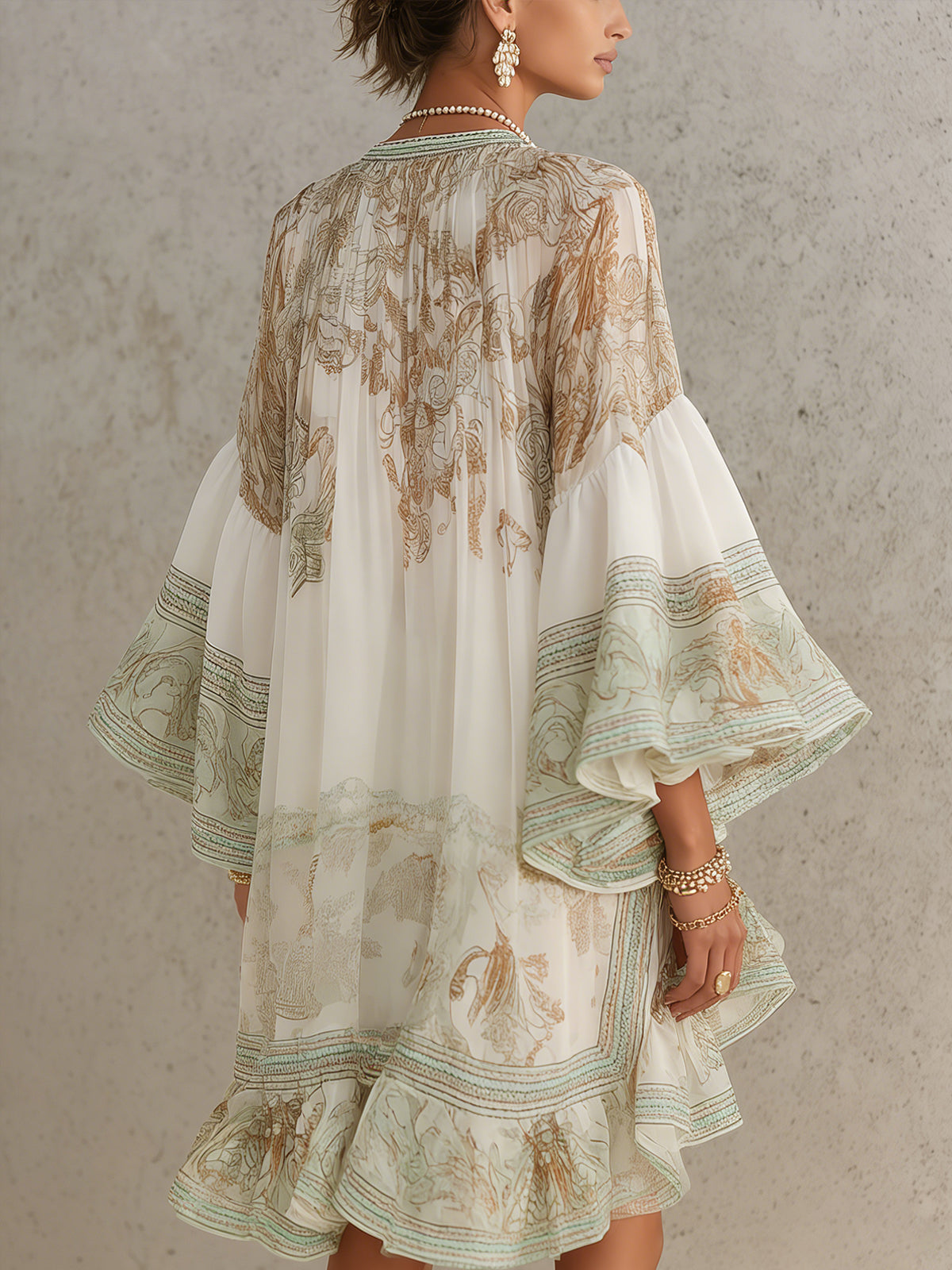 Zelené Chiffon Mini Šaty s Růžovými Rukávy