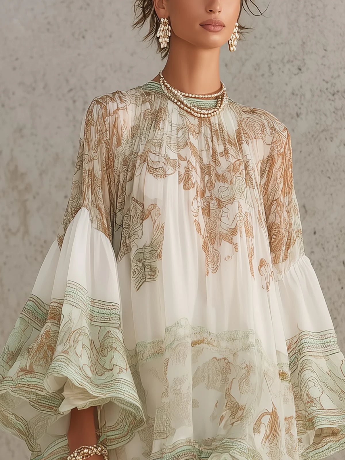 Chiffon Mini Šaty s Volánovými Rukávy a Páskovým Zeleným Okrajem