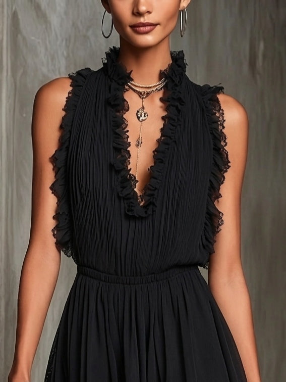 Chiffon Pieghettato Jumpsuit Černý s Růžovým Lemem