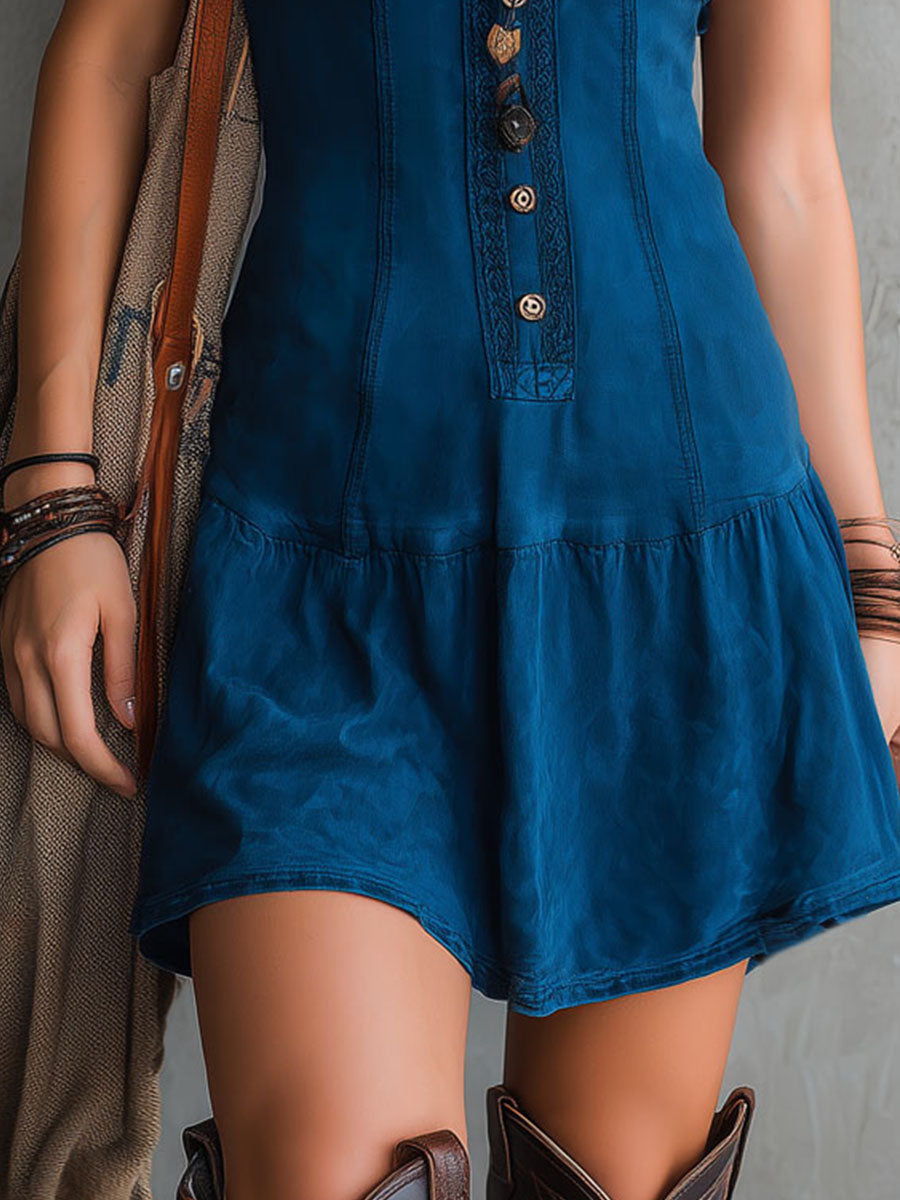 Ujjatlan Mini Šaty s Výstřihem do V a Knoflíky Boho Indigo