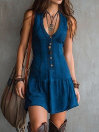 Ujjatlan Mini Šaty S V-výstřihem A Knoflíky Boho Indigo