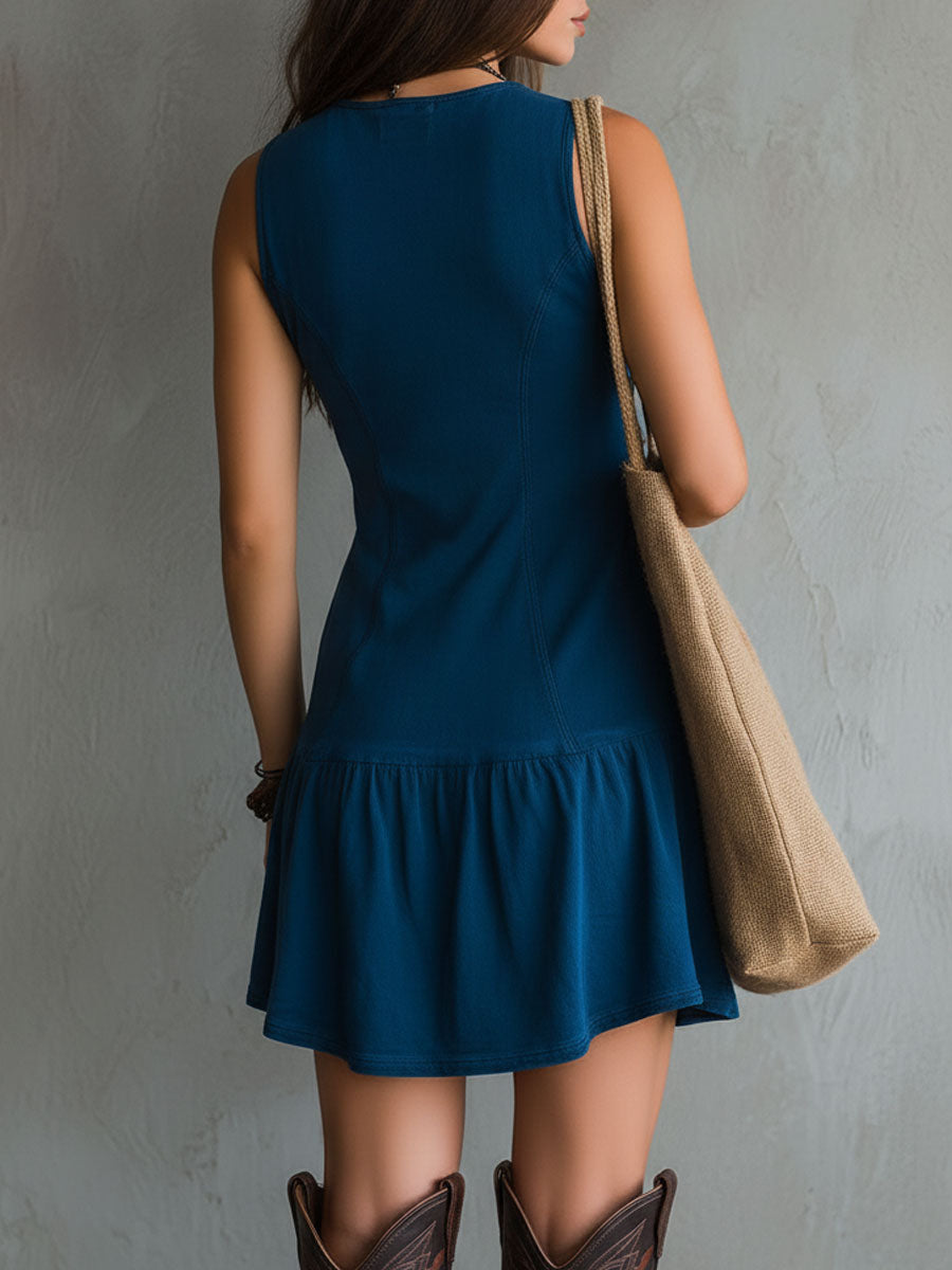 Ujjatlan Mini Šaty s Výstřihem do V a Knoflíky Boho Indigo
