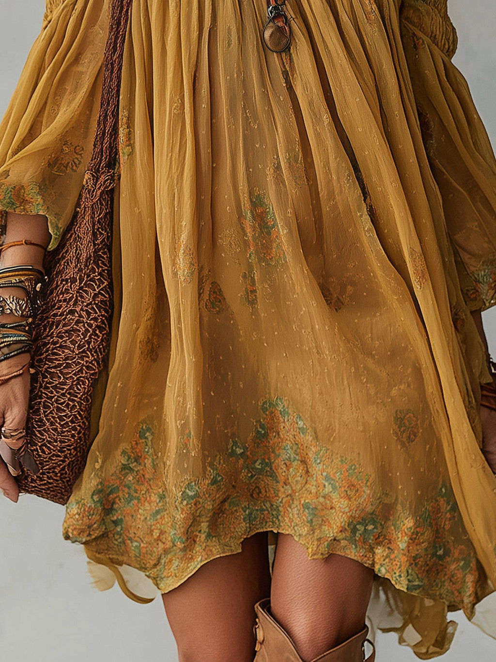 Žluté chiffon mini šaty s květinovým vzorem, bez ramínek