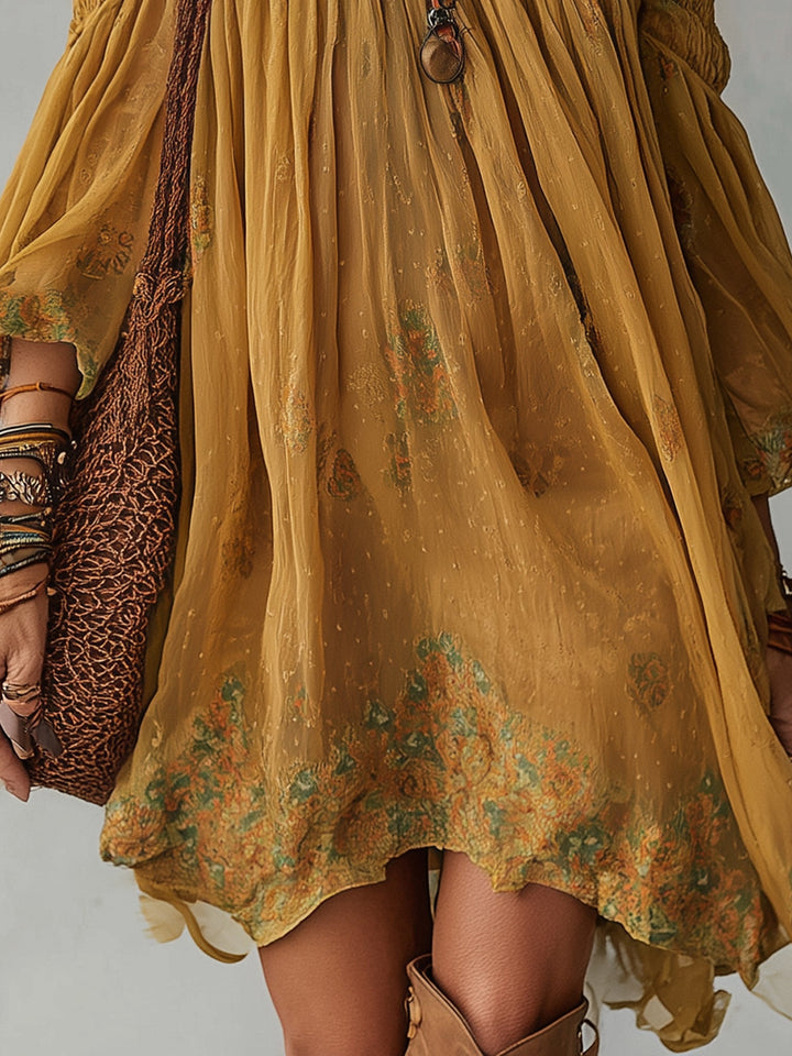Žluté chiffon mini šaty s květinovým vzorem, bez ramínek