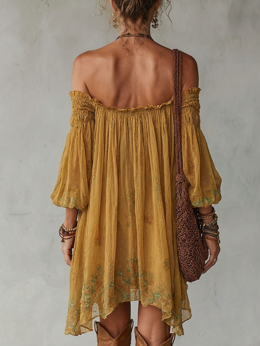 Žluté chiffon mini šaty s květinovým vzorem, bez ramínek