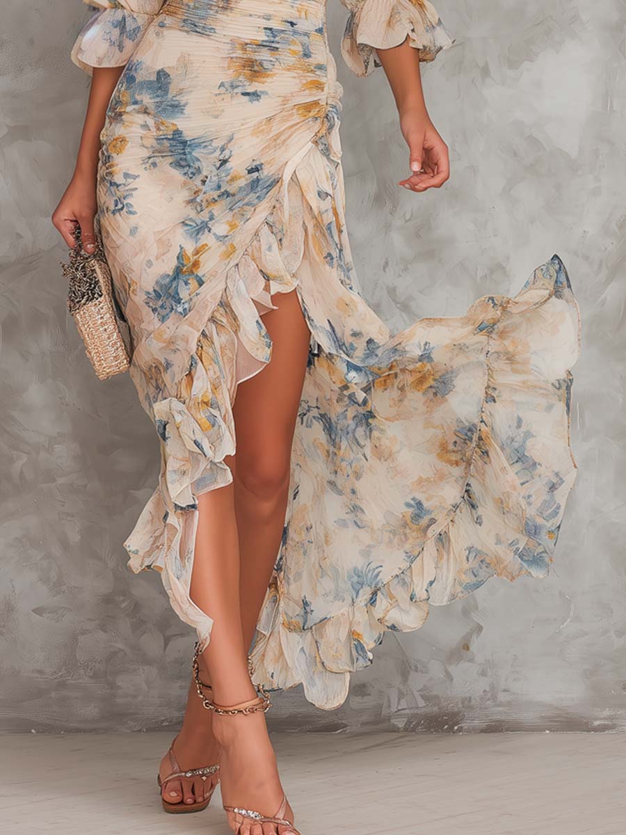Irregulární Chiffon Maxi Šaty s Květinovým Vzorem a Vysokým Límcem Béžové