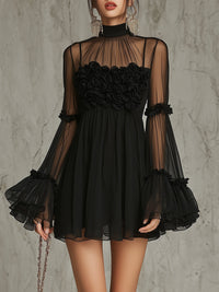 Černé Květinové Plisované Chiffon Mini Šaty s Vysokým Límcem