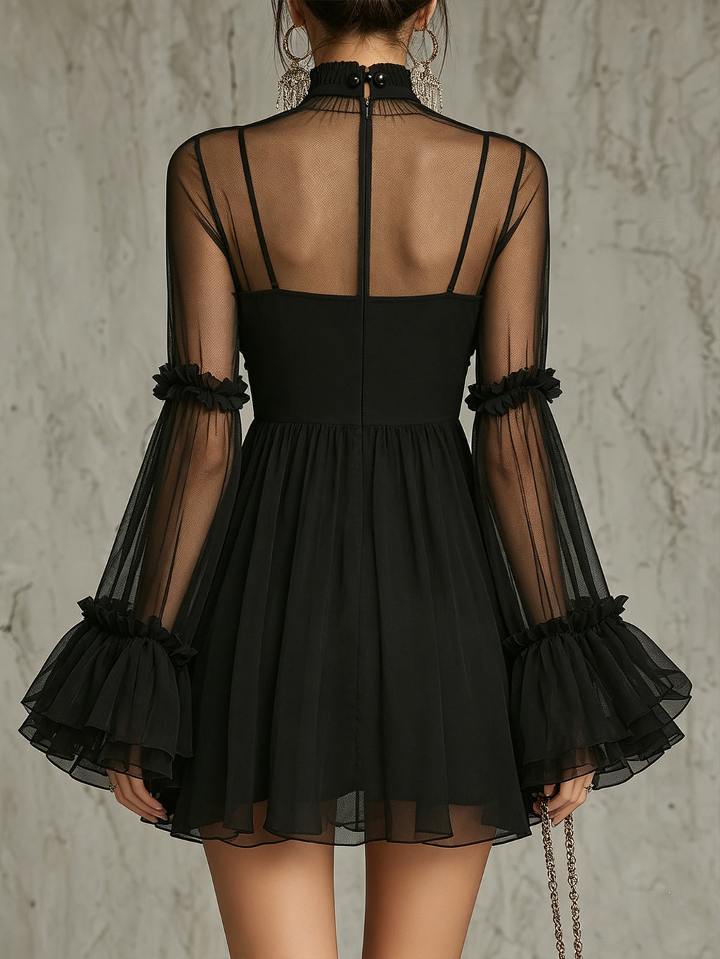 Černé Květinové Plisované Chiffon Mini Šaty s Vysokým Límcem