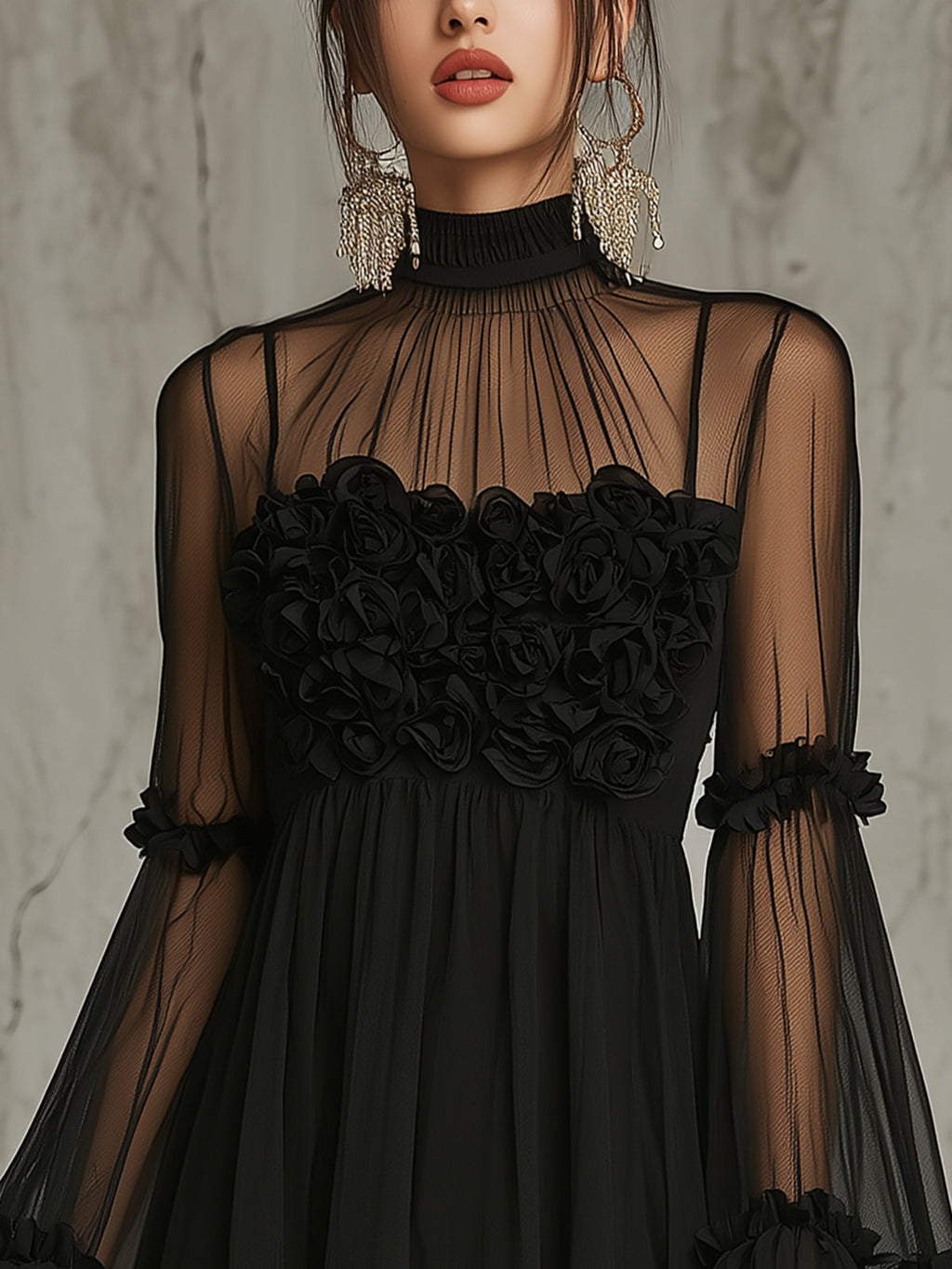 Černé Květinové Plisované Chiffon Mini Šaty s Vysokým Límcem