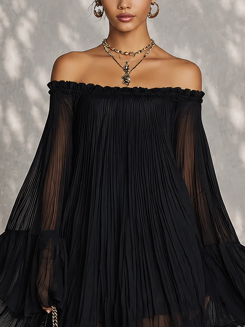 Černé Mini Šaty s Kroužkovými Rukávy a Off-shoulder Detaily